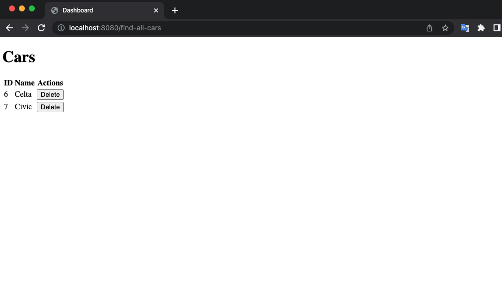 imagem mostrando o botão delete sendo renderizado no formulário de listagem